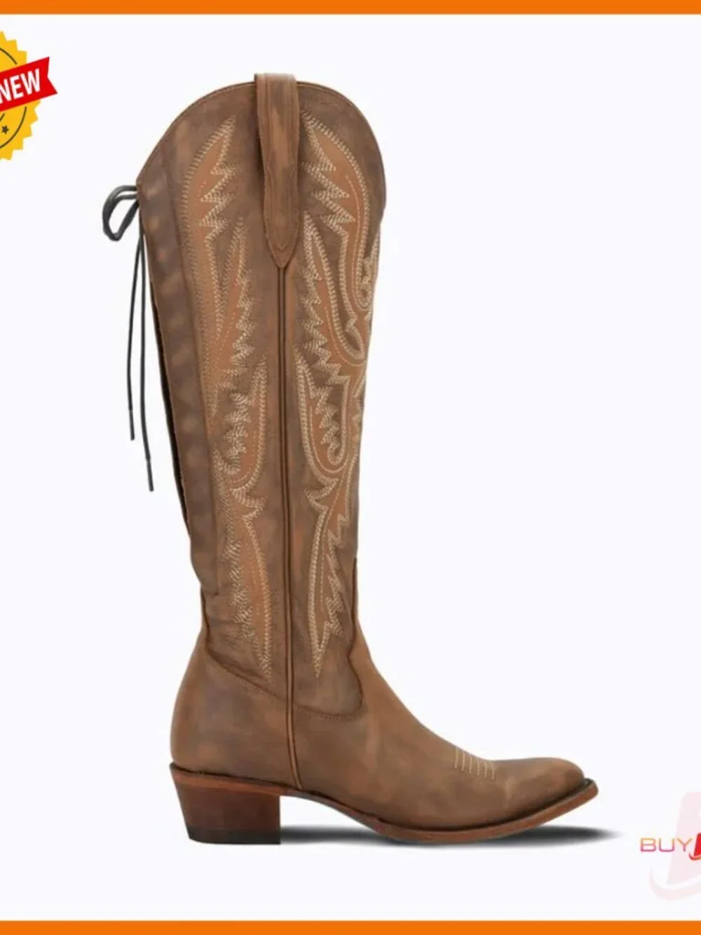 Knee-High Cowboy Boots with Adjustable Corset, Faux Leather, Block Heel